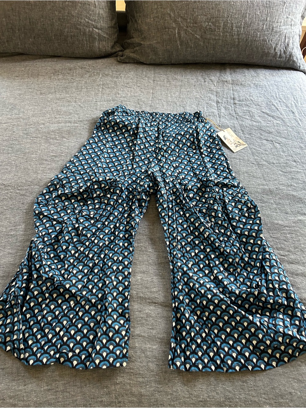 VBOM boho blue printed wide leg cotton funky artsy pull on pants S M